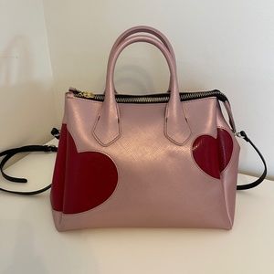 GUM Design pink handbag with red hearts and crossbody strap